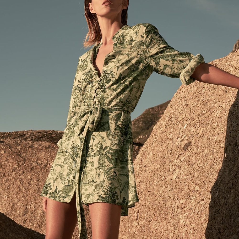 Zara Linen Blend Tropical Palm Tie Waist Button Shirt Mini Dress